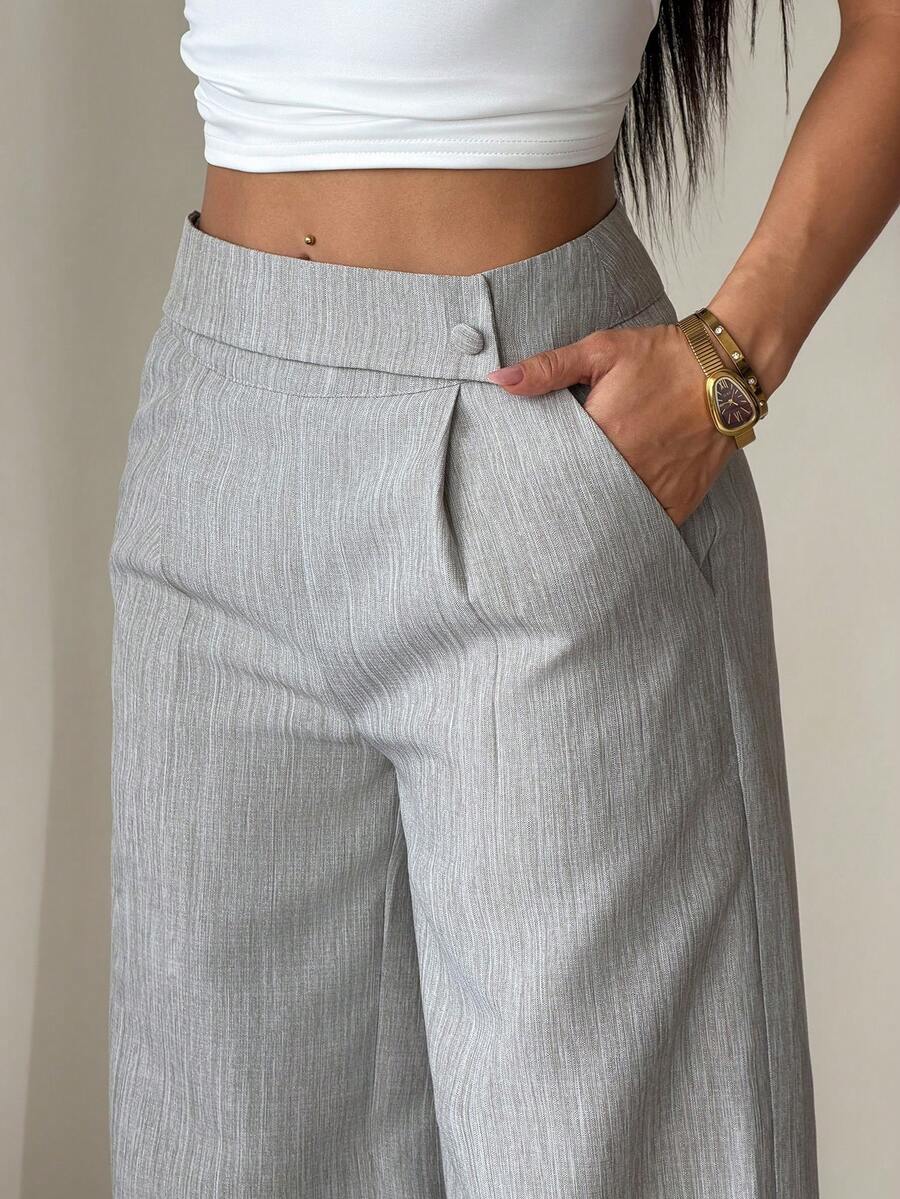 SHEIN PETITE Quần đồng phục giáo viên nữ màu hồng chất liệu tre, thiết kế khóa cài phía trước, thanh lịch, chuyên nghiệp, phù hợp cho các dịp Lễ Tạ ơn và Halloween. Kiểu dáng rộng rãi, thoải mái, ống đứng, thích hợp mặc trong các dịp lễ này.