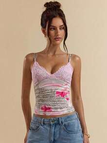 Gossip Girl X SHEIN SHEIN BAE 女士印花吊带衫 - 粉色 - 查看 5