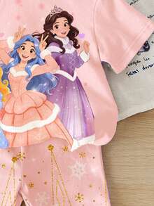 SHEIN 少女柔美公主粉，旋转迎接春夏，甜美可爱公主风，闪亮暮光雪花印花，少女休闲舒适柔软圆领短袖T恤短裤套装，适合春夏日常、居家、假日、节日、度假，充满春日气息，夏日氛围，春夏穿搭 - 白色 - 查看 5