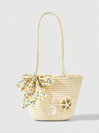 Kawaii Borsa a tracolla in stile vacanza al mare, con decorazioni a forma di stelle marine e conchiglie intrecciate, fiocco floreale, grande capacità (le stelle marine e le conchiglie sono materiali naturali, con forma e dimensione casuali)