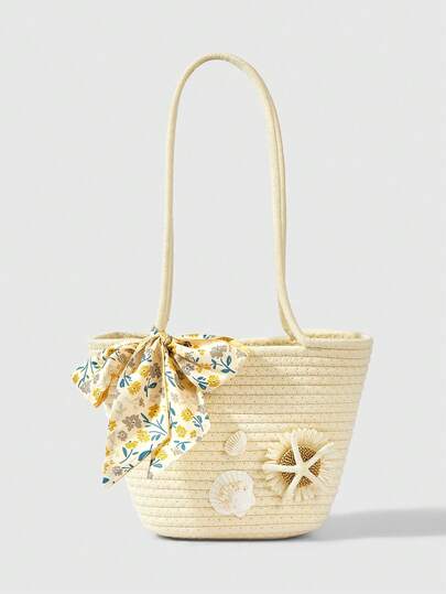 Kawaii Bolso de playa estilo vacaciones con estrellas de mar y conchas tejidas, bolso de hombro de gran capacidad con lazo de cinta floral (las estrellas de mar y las conchas son materiales naturales, con forma y tamaño aleatorios)