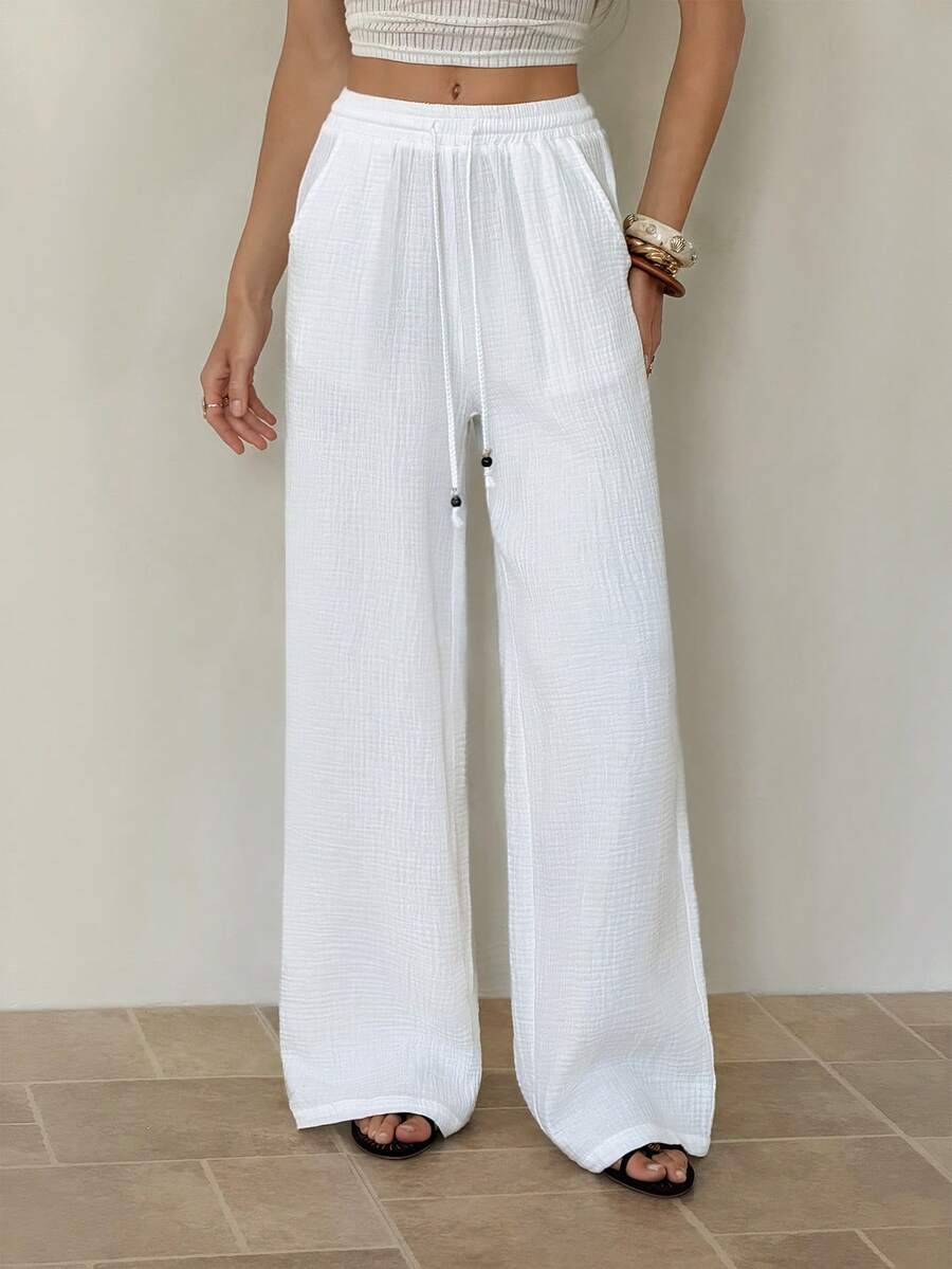 SHEIN Tall Trang phục mùa hè dành cho nữ, thích hợp đi xem hòa nhạc, đi biển, phong cách boho cơ bản tối giản, quần trắng 100% cotton đã giặt, ống quần cong. - trắng - Xem 1