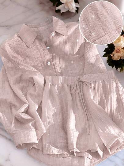 Airaco Conjunto informal de 2 piezas con lentejuelas brillantes 2025 para mujer, camisa ligera y versátil y pantalones cortos de pierna ancha, para verano