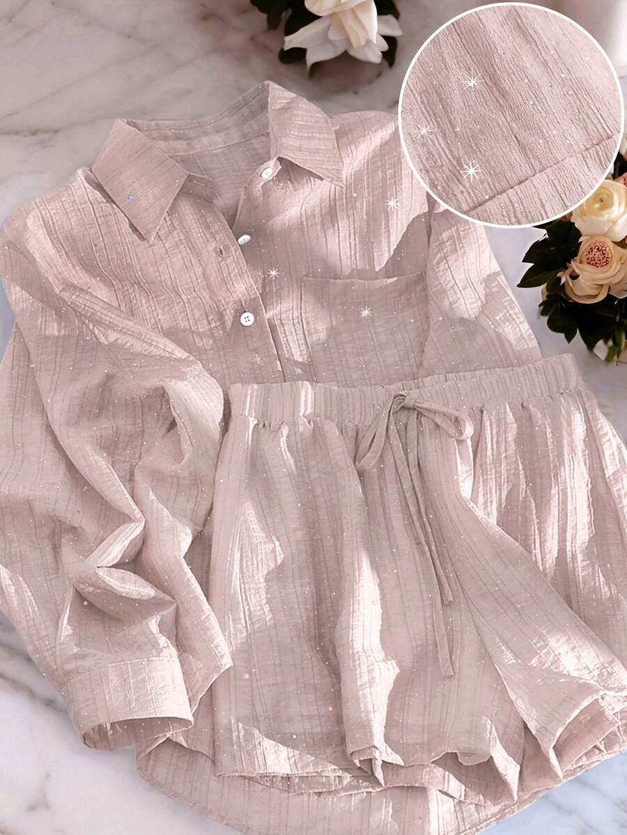 Airaco 2025 亮片休闲两件套女装，轻盈百搭衬衫和阔腿短裤，夏季 - 藕粉色 - 查看 1