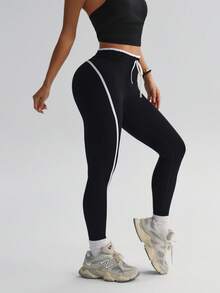 With My Calm Quần legging thể thao yoga không đường may/Sọc tương phản bên hông/Kiểu dáng ôm sát/Yoga thể dục/Thể thao ngoài trời/Chạy bộ/Đạp xe/ - màu đen - Xem 5