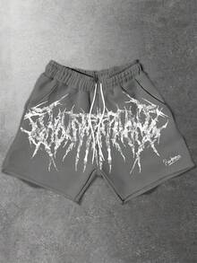 Manfinity EMRG Quần short nam màu đen kim loại, họa tiết khẩu hiệu đậm, phong cách đường phố Mỹ, cạp chun, có dây rút, thích hợp cho mùa xuân/hè. - Nhiều màu - Xem 1