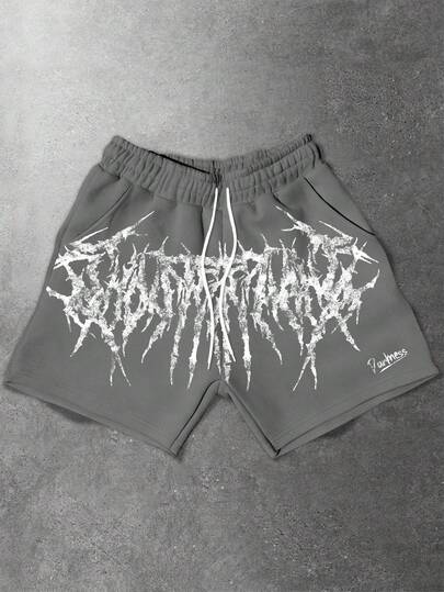 Manfinity EMRG 男士黑色金属暗黑标语图案美式街头风抽绳腰带短裤，春夏款