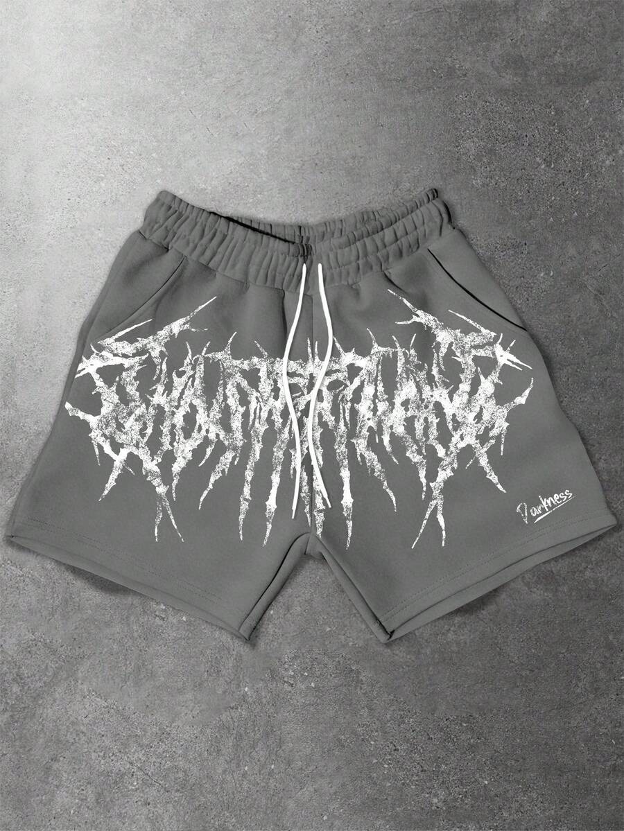 Manfinity EMRG Quần short nam màu đen kim loại, họa tiết khẩu hiệu đậm, phong cách đường phố Mỹ, cạp chun, có dây rút, thích hợp cho mùa xuân/hè. - Nhiều màu - Xem 1