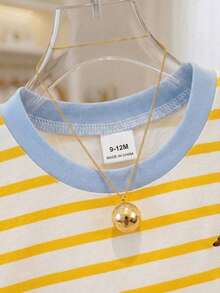 SHEIN Playful Pals 女嬰小狗圖案圓領套頭T恤可愛夏季幼兒上衣藍白條紋畢業服裝適合6M-3T - 彩色 - 查看 4
