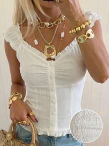 SHEIN EZwear 女士白色梭织荷叶边纽扣衬衫 - 白色 - 查看 8