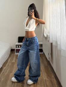 StreetHx 女士休闲日常口袋纽扣牛仔裤 - 藍色 - 查看 3