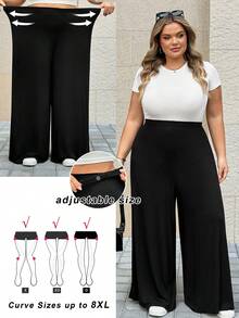 SHEIN CURVE+ Adjustable Wide Leg Pants For Plus Size Women, Solid Color Style Pants Palazzo Pants Women Plus Size - Black - View 1