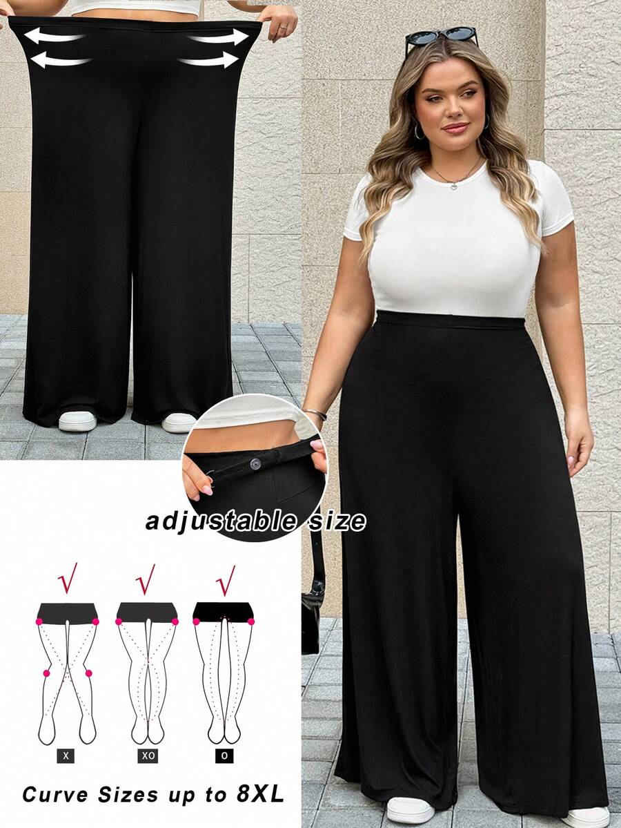 SHEIN CURVE+ Quần ống rộng có thể điều chỉnh dành cho phụ nữ cỡ lớn, kiểu dáng màu trơn. - màu đen - Xem 1