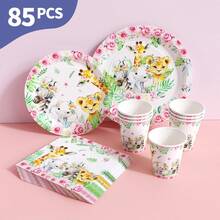花卉动物图案一次性餐盘、餐巾纸和杯子套装，可供20位客人使用。这款一次性派对套装（包括餐盘、餐巾纸和杯子）非常适合生日派对、婚礼和家庭野餐。 - 查看 1