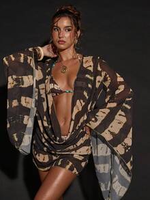 SHEIN BAE Women's Beach Vacation Casual Printed Loose Cover-Up,2026 Summer New Arrival: Brown Animal Print Halter Neck Dress/Cover-Up, Beach Vacation Wear, Sexy Party/Music Festival Swimwear, Hawaiian Style, Women's Beach Vacation Wear, Elegant Women's Beach Wear, Vacation Wear, Beach Party, Pool Party Cover Ups For Swimwear - Brown - View 3