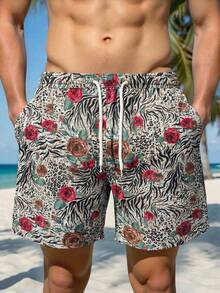 Manfinity Swimmode 男士斑马纹印花抽绳腰休闲沙滩短裤 - 卡其色 - 查看 2