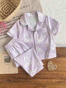 SHEIN 2-Piece Baby Girls Lavender White Bow Print Pajamas,Cute Summer Holiday Sleepwear Set,Soft Knit Lapel Collar Short Sleeve Cardigan & Long Pants Set - Mauve Purple - View 1