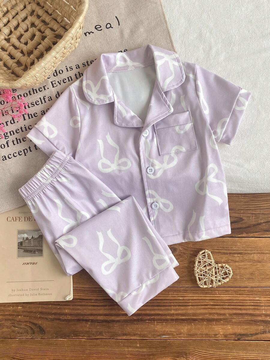 SHEIN 2-Piece Baby Girls Lavender White Bow Print Pajamas,Cute Summer Holiday Sleepwear Set,Soft Knit Lapel Collar Short Sleeve Cardigan & Long Pants Set - Mauve Purple - View 1