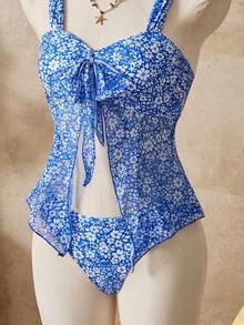 Bellisia 最新款女士夏季沙滩装，时尚经典蓝色碎花成熟浪漫女士吊带泳衣套装 - 藍色 - 查看 5