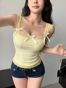 DAZY 蕾丝边系带修身无袖吊带背心，女士外出上衣 - 黃色 - 查看 3