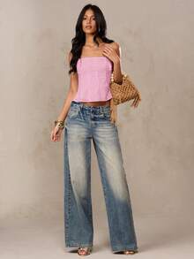 SHEIN BAE Áo hai dây croptop màu trắng, chất liệu pha lanh, thêu hoa 3D, thích hợp cho mùa hè, đi biển, kỳ nghỉ ở miền Nam nước Pháp, Ibiza, Ý. - Màu Hồng baby - Xem 3