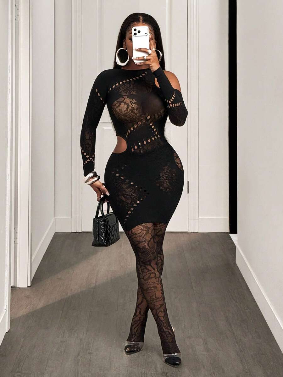 BamGleam Bộ đồ hai mảnh gợi cảm dành cho nữ, chất liệu lưới xuyên thấu khoét vai. - màu đen - Xem 1