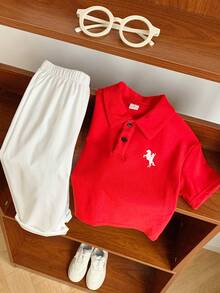SHEIN 2件組兒童青少年男童橘色夏季字母圖案拼接圓領短袖鈕扣上衣休閒短褲運動套裝街頭風字母運動休閒款柔軟舒適適合戶外運動 - 橘色 - 查看 4