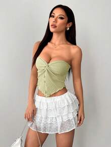SHEIN PETITE 女士假日鹅黄色针织纹理抹胸上衣，前中开衩，波浪边修身剪裁，适合下午茶、街头度假、秋冬季室内外派对穿着 - 薄荷綠 - 查看 6