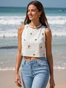 Swim Vcay 花卉刺绣背心 图案 T 恤 女式上衣 - 白色 - 查看 6