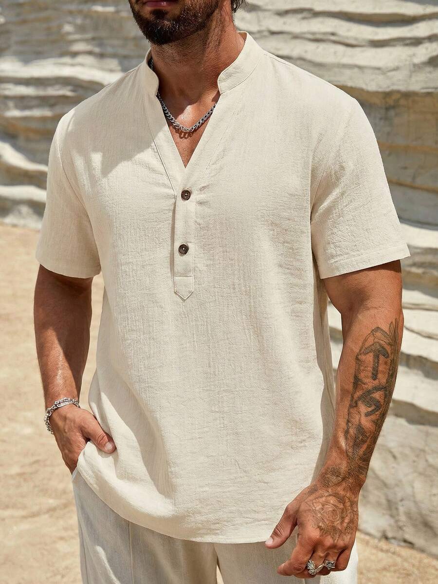 HIMLAND 宽松男士纯色半扣衬衫