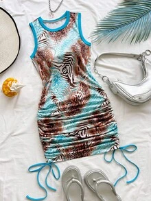 Soleia Damen Große Größen Sommer Urlaub Blau Leopard Muster Künstlerische Graffiti Strick Trägerkleid mit Kordelzug Saum, geeignet für Musikfestivals, Ostern, Karneval, Strand, Kreuzfahrt, Nachmittagstee - Verschiedenfarbig - Übersicht 2