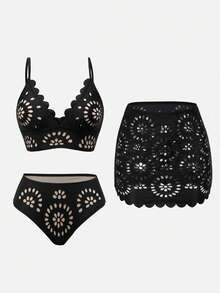 Swim Oasis Women Black Summer Casual Holiday Vacation 3 Pieces Swimwear Set, & Elegant Laser Cutout Boho Bathing Suit,Bohemian Beach Outfits Holiday Outfit - Multicolor - View 4