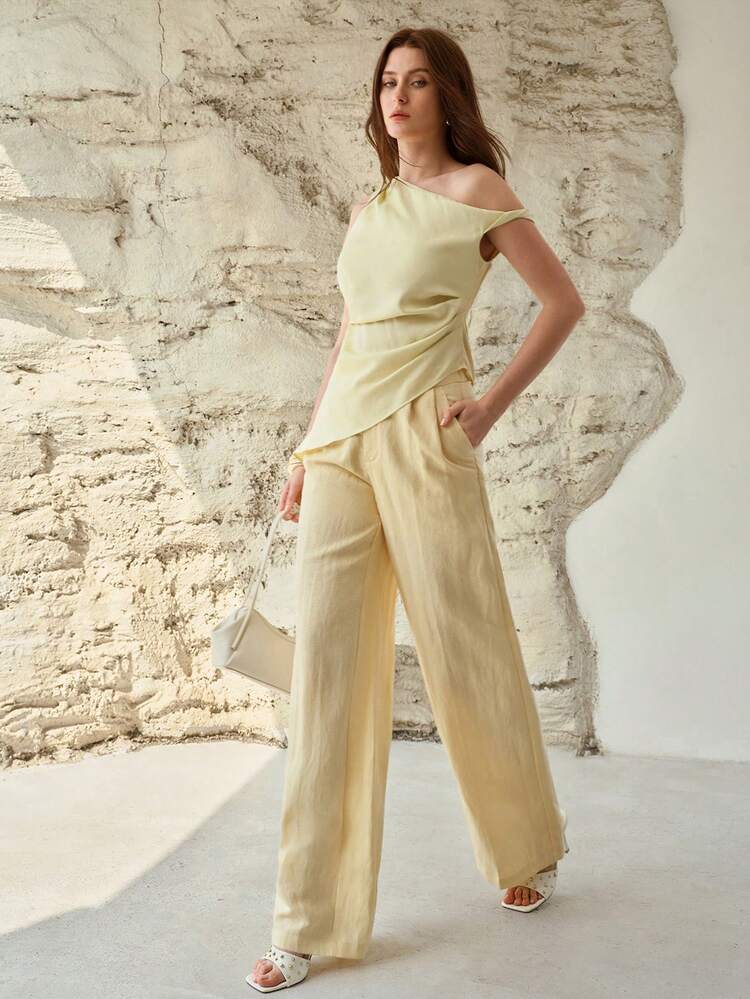 FASHIONABLE LINEN ASYMMETRICAL NECK TOP, SPRING/SUMMER