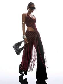 LYSMO 女士沙滩/度假流苏针织裙 - 酒紅色 - 查看 8