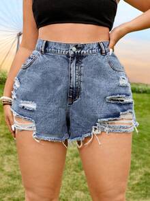 SHEIN EZwear Plus Size Women Summer Casual Daily Commute Fashion Street Ripped Frayed Hem Denim Shorts - Dusty Blue - View 3