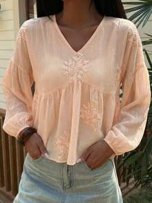 DAZY Women's V-Neck Pleated A-Line Long Sleeve Sequin Elegant Blouse - Pink - View 3