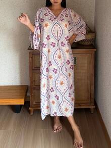 DAZY Floral Print V-Neck Loose Long Dress, Women Summer Sleepwear - White - View 5