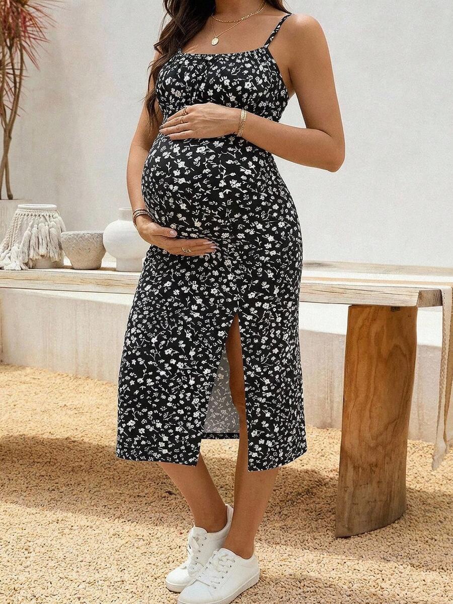 SHEIN 孕妇吊带碎花开衩休闲夏日连衣裙 - 黑色 - 查看 1