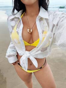 Rustia Áo sơ mi dài tay nữ họa tiết hoa, chất liệu dệt kim móc. - trắng - Xem 1