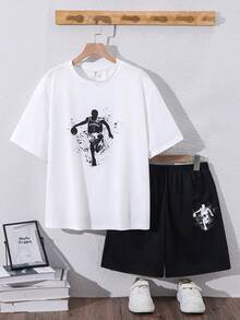 SHEIN 2-Pcs Teen Boy White Summer Football & Letter Print Short Sleeve Top And Pants Set,Sports & Streetwear Outfits For Daily Wear,School,Parties,Festivals - Black and White - View 4