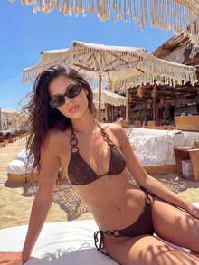 Swim Vcay 2pcs Knitted Textured Ruffle Trim Metallic Accent Solid Color Bikini Set, Sexy Beach Wear For Holiday Party, New Year, Christmas, Summer - Coffee Brown - View 6