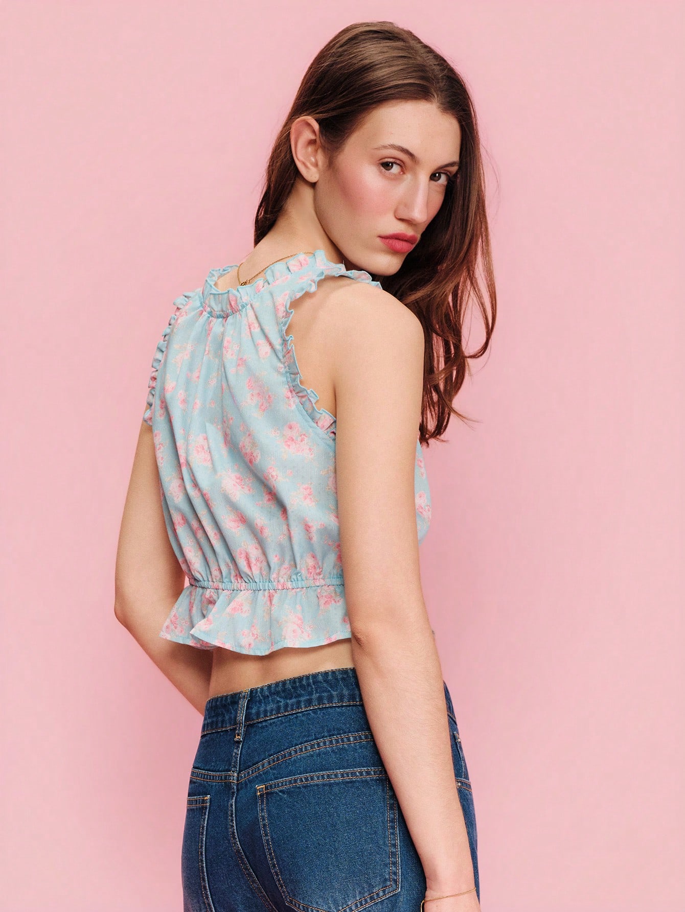 Cropped Blue Tank Top With Pink Floral Print, Ruffle Details, And Front Button Fastening Ruffle Top Spring Summer French Style Parisian Style Cute Summer Top Holiday Top Vacation Outfit