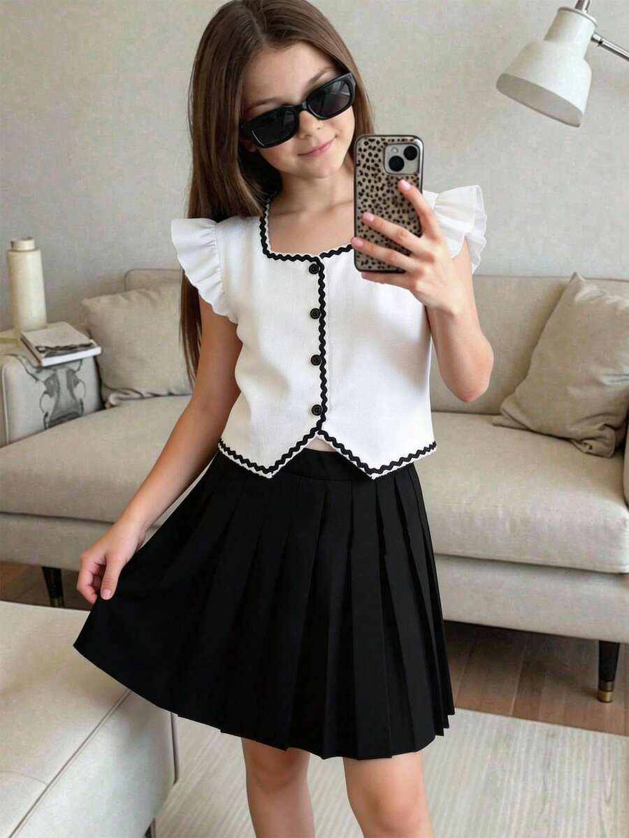 SHEIN Sleeveless Bow Tie Cardigan Top And Pleated Skirt Elegant 2-Piece Set For Tween Girls, Summer - White - View 1