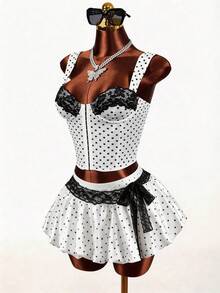 Mistrie Áo hai dây chấm bi dáng ngắn, áo hai dây ôm sát, áo tank top hai dây cho nữ. - trắng - Xem 4