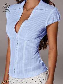 TRNVIE 女士纹理领修身短袖衬衫，胸前纽扣条纹，白色，适合夏季办公室通勤 - 淺藍色 - 查看 8