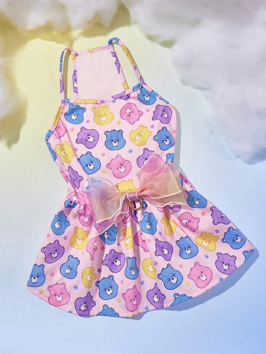 SHEIN X Care Bears 1 件卡通图案印花宠物蓬蓬裙，猫咪服装，狗狗服装，尺码 XXS-XXXXL，特小号，特大号，纱质裙摆，甜美可爱，分享熊，欢呼熊 - 粉色 - 查看 1