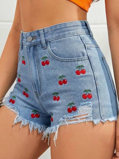 SHEIN PETITE 女士Y2K高腰牛仔短裤，浅蓝色，樱桃刺绣，毛边裤脚，休闲夏季穿搭，女士日常休闲牛仔短裤