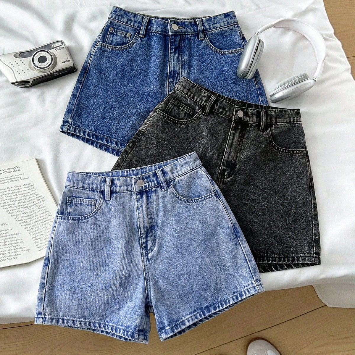 Conjunto de 3 piezas para adolescentes: shorts vaqueros casuales holgados con dobladillo deshilachado y lavado claro, para primavera, verano, vacacion