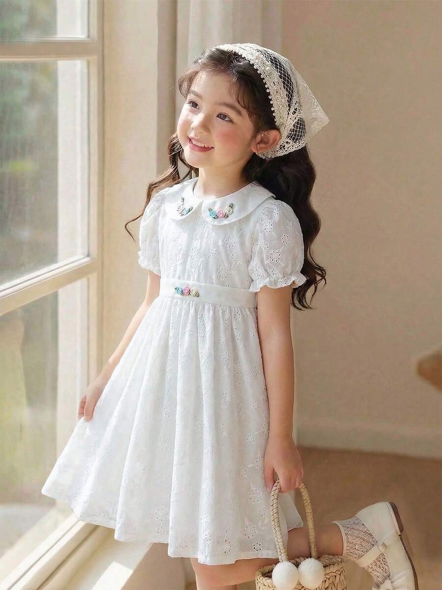 Elladie kids 1件女童幼兒夏季新款刺繡布料彼得潘領 3D花卉腰部拼接 3D花卉裝飾泡泡袖後拉鍊設計田園簡約休閒公主洋裝,白色洋裝,少女風,花卉野餐風,早午餐約會 - 白色 - 查看 1