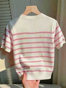 CovetEZ 女士针织条纹小熊印花T恤，小众学院风品牌，爆款小熊系列，超可爱圆领短袖，适合春夏穿着 - 彩色 - 查看 2
